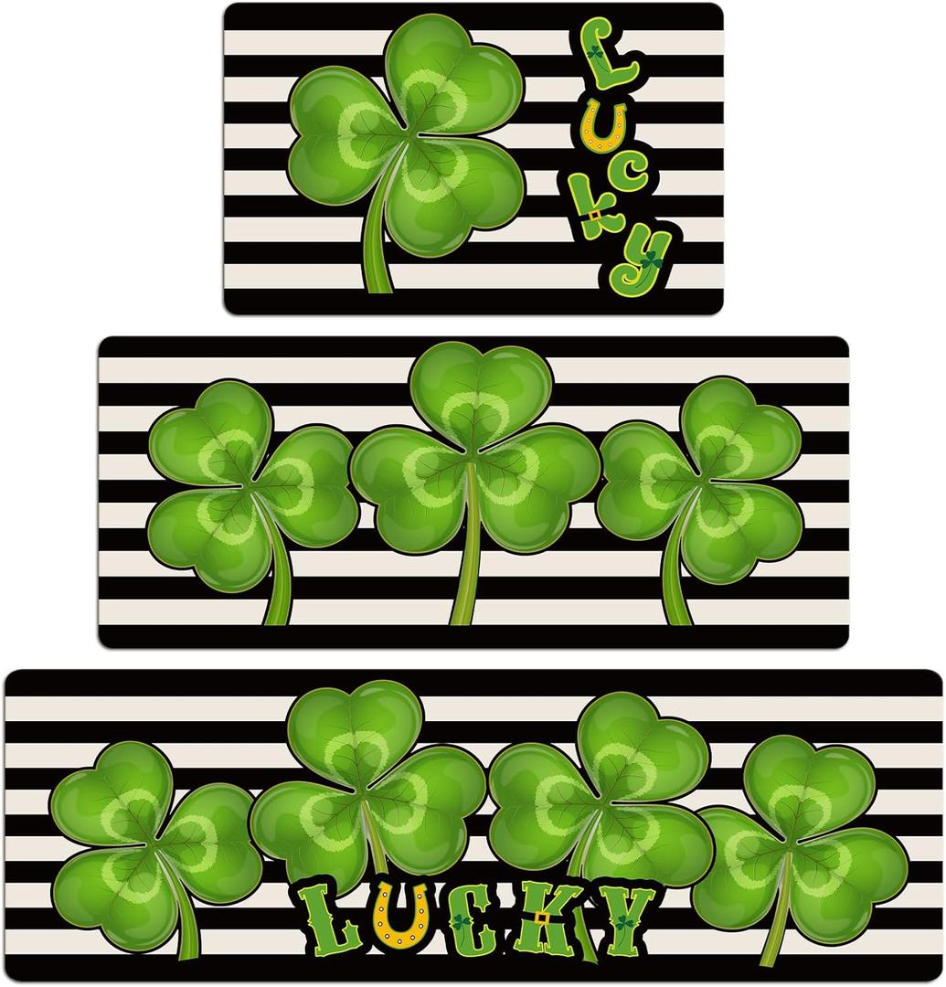 3 Pcs St Patricks Day Kitchen Rugs and Mats Set Shamrocks Non Slip Rug Waterproof Floor Mat for Irish Saint Patricks Day Home Bar Office Bathroom Party Decor