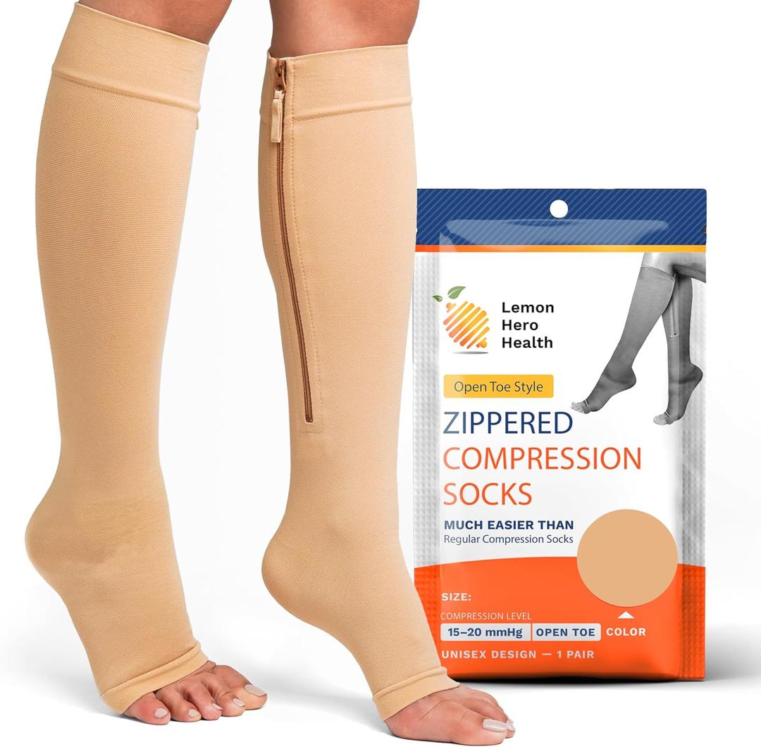 Lemon Hero Zipper Compression Socks 15-20 mmHg Open Toe, Medical Zip Up Compression Stockings for Women and Men - Improves Blood Circulation, Relieves Pain & Swelling (Large, Beige)