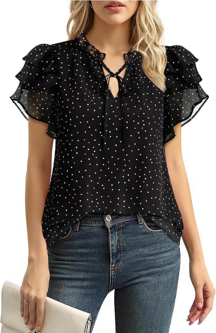 Lotusmile Summer Chiffon Dressy Casual Blouses Elegant Ruffle Short Sleeve Work Tops for Women Trendy (XXL)