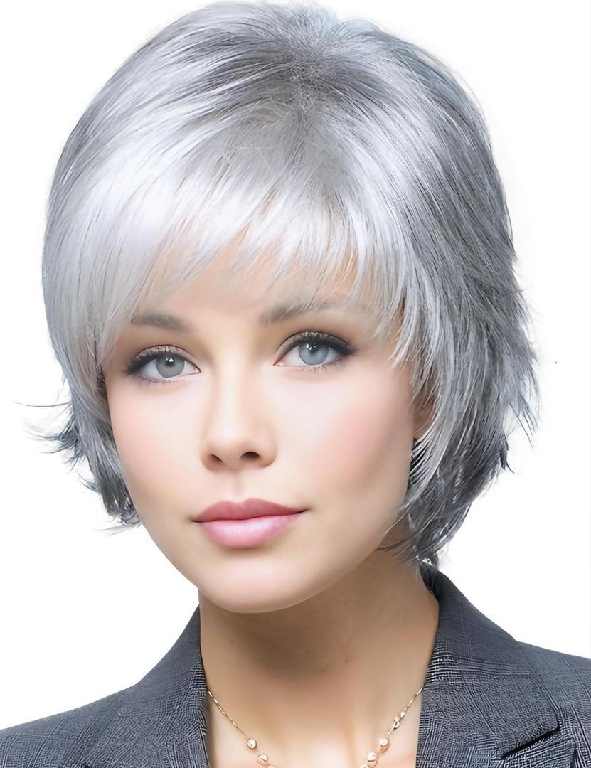 TISHINING Short Gray Pixie cut Wigs for White Women with Bangs Mixed Grey Layered Natural Wavy Synthetic Hair Replacement Wig for Daily Life
