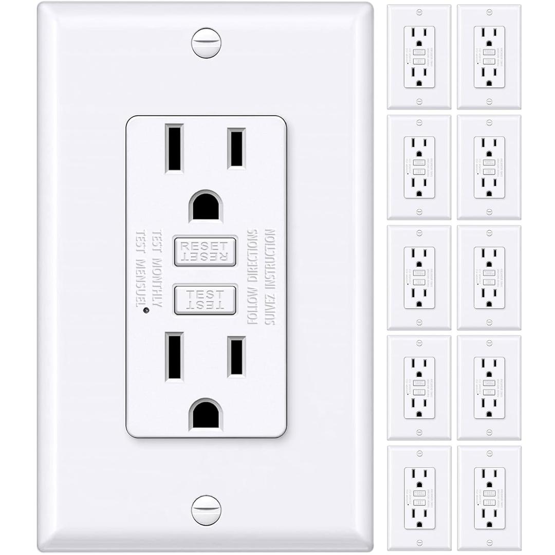 BESTTEN GFCI Outlet 15 Amp with Super Slim Design, GFI Electrical Outlet with LED Indicator, Non-Tamper-Resistant GFCI Receptacle, Wallplate Included, ETL Certified, 10 Pack, White