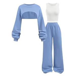 RoseSeek Girl's 3 Piece Fall Outfits Bow Graphic Cropped Sweatshirts and Baggy Sweatpants Set with Camisole Blue 11Y