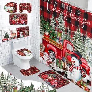 8 Pcs Christmas Shower Curtain Set Xmas Santa Bathroom Decoration Christmas Tree Hand Towels Snowman Toilet Lid Cover Bathroom Rugs Xmas Shower Curtain with Hooks (Buffalo Plaid)