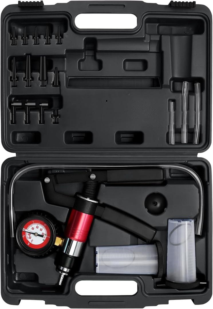 YSTOOL Hand Held Vacuum and Pressure Pump Brake Clutch Fluid Bleeder Tool Kit Oil Change Power Steering Fluid Bleeding Set with Pressure Gauge Jar Adapters for Auto Car Truck Motorcycle Use Black Case