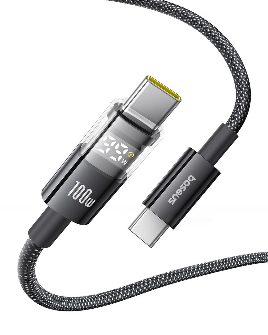 Baseus USB C Cable, 100W 5A Fast Charging USB C Charger Cable with LED Display, Zinc Alloy Nylon Braided USB C to USB C Cable for iPhone 16/Pro/Plus/Pro Max, MacBook, iPad Pro, Galaxy S24/S23 (6.6ft)