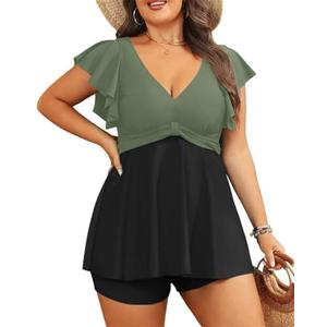 Plus Size Tankini Set Swimsuit - Women Two Piece Bathing Suit with Shorts Ruffle Sleeve Swimwear 2025 16W