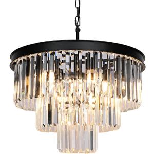 Crystal Chandeliers for Dining Room Lights Fixtures, 9 Lights Black Modern Chandeliers for Bedroom, 3-Tier Round Crystal Lighting Fixtures for Living Room Entryway Kitchen Island D20 Inch