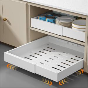 Expandable Pull Out Cabinet Organizer 16.5"Deep, 12.4-20.4" Slide Out Drawers for Kitchen Cabinet,Adjustable Cabinet Drawer for Pot/Pan,Pull Out Shelves Fixed with Adhesive Film or Screws(white)