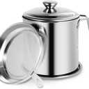 Bacon Grease Container with Strainer & Lid - 43oz 304 Stainless Steel Oil Keeper for Kitchen, Leakproof Grease Saver, Fry Fat Storage Organizer for Cooking Oil/Grease, Steel Handle