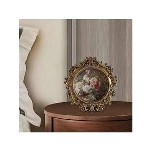 Vintage Style Picture Frame Tabletop Wall Mounting Floral Embossed Painting Frame Photo Gallery Baroque Photo Frame for New Year Living Room, Round