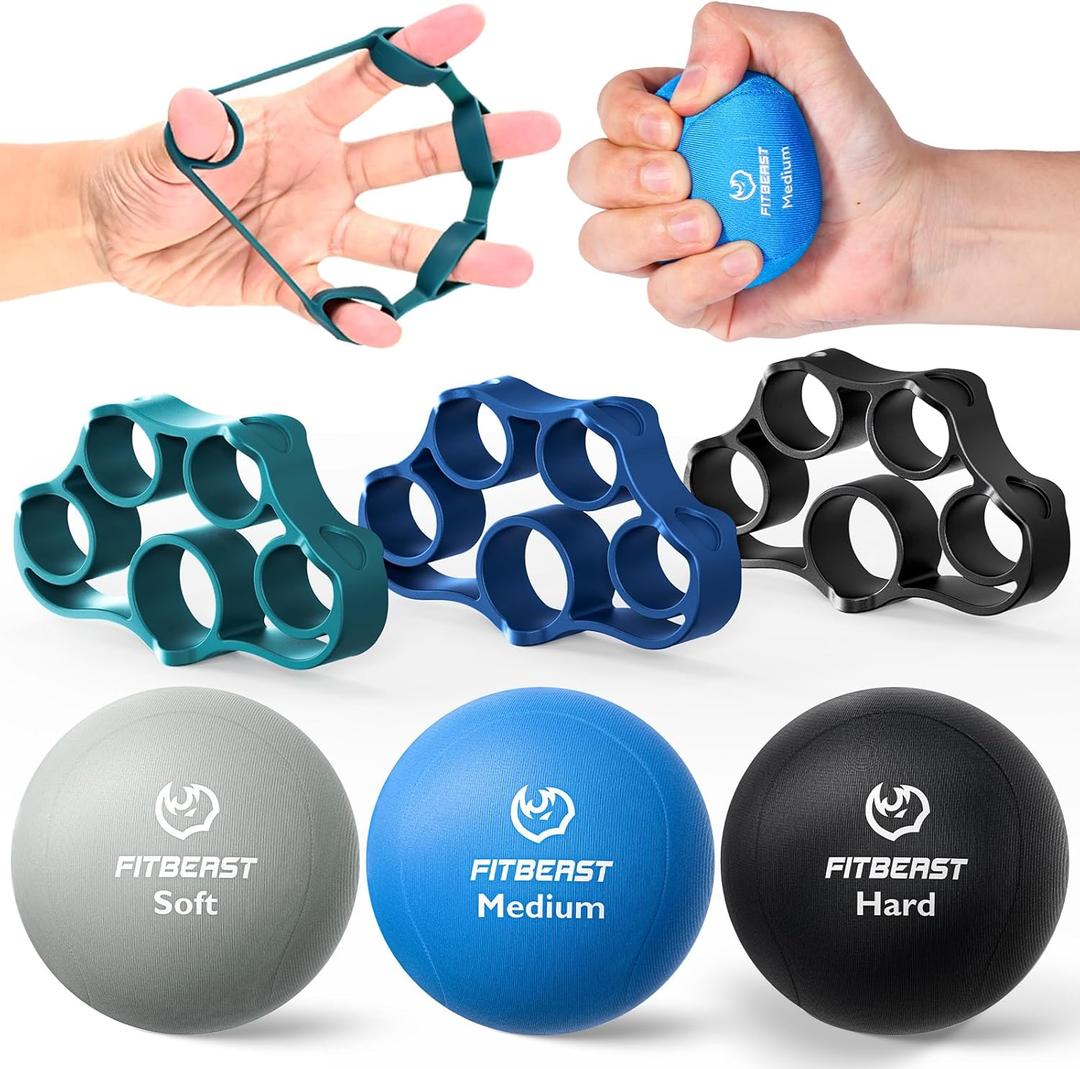 FitBeast Grip Strength Trainer  6 Pieces Hand Therapy Kit with Finger Extension Exerciser & Stress Balls for Adults, Rehab & Strength Training  for Men, Women, and Seniors