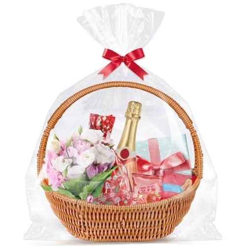 Clear Basket Bags 25Pack 20"x22" Large Clear Cellophane Bags Cello Bags for Gift Wrapping Packaging Plastic Gift Bags for Bridal/Baby Showers, Christmas, Halloween, Thanksgiving, Easter, Valentine's Day, Mother's Day