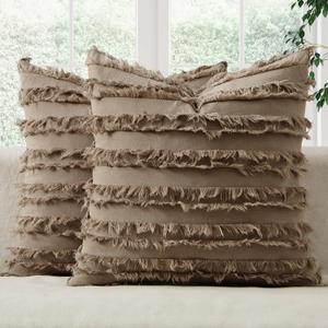 MIULEE Decorative Boho Throw Pillow Covers Set of 2 Khaki Brown Modern Linen Striped Jacquard Pattern Farmhouse Neutral Cushion Covers for Sofa Couch Living Room Bedroom 18x18 Inch Home Decor