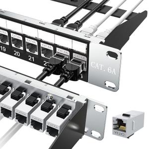 Jadaol 24 Port Shielded Patch Panel Rack or Wall Mount 19-Inch, 1U Cat6A Network Panel Preloaded with 24 Keystone Couplers Plus 1 Spare, 10Gbps Ethernet Panel with Cable Management & Back Support Bar