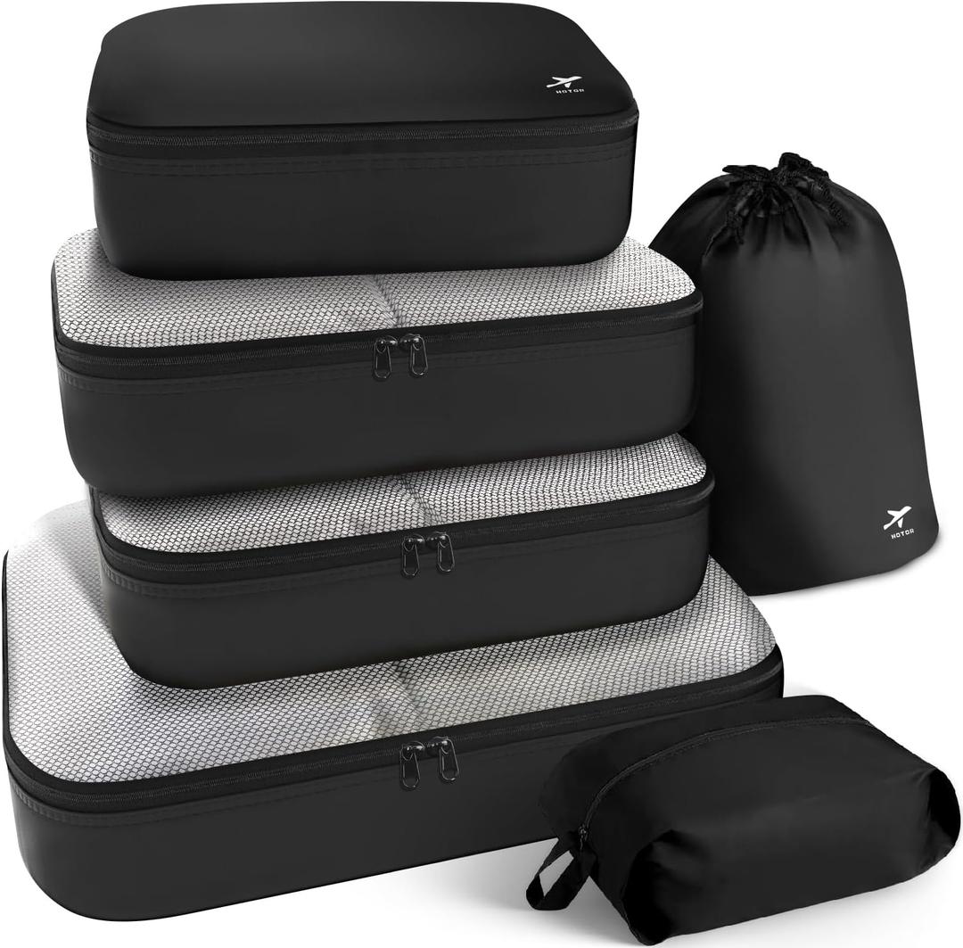 HOTOR Packing Cubes for Suitcases - 6 Pieces, Light Packing Cubes for Travel, Premium Suitcase Organizer Bags Set, Space-Saving Luggage Organizers, Travel Accessories and Essentials, Black HOTOR Packing Cubes for Suitcases - 6 Pieces, Light Packing Cubes for Travel, Premium Suitcase Organizer Bags Set, Space-Saving Luggage Organizers, Travel Accessories and Essentials, Black