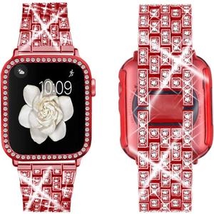 Supoix Compatible with Apple Watch Band 38mm 40mm 41mm 42mm 44mm 45mm 46mm 49mm+ Case, Women Jewelry Bling Diamond Rhinestone Replacement Metal Bands & 2 Pack PC Protector Case for iWatch Ultra 2/ Ultra Series 10/9/8/7/6/5/4/3/2/1/SE (44mm (Series 6/5/4/SE), Red)