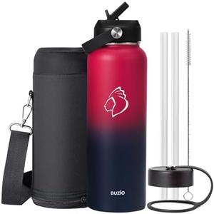 BUZIO 40oz Insulated Water Bottle, Triple Wall Vacuum Stainless Steel Water Flask with 2 lids, Leakproof BPA-Free Straw Lid Sports Canteen Jug, Cold 48H & Hot 24H- Ruby Red Navy
