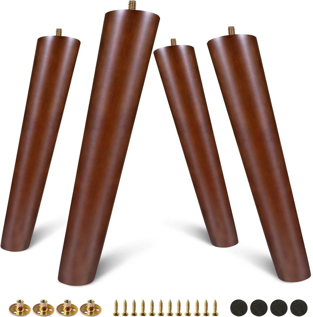 FoDau770 Brown Rubber Wood Furniture Legs 12 Inches, Slant Tapered Wood Feet Mid Century Sofa Legs Set of 4, 5/16" UNC Furniture Feet Replacement Parts for Cabinet Couch Dresser Chair Ottoman Table