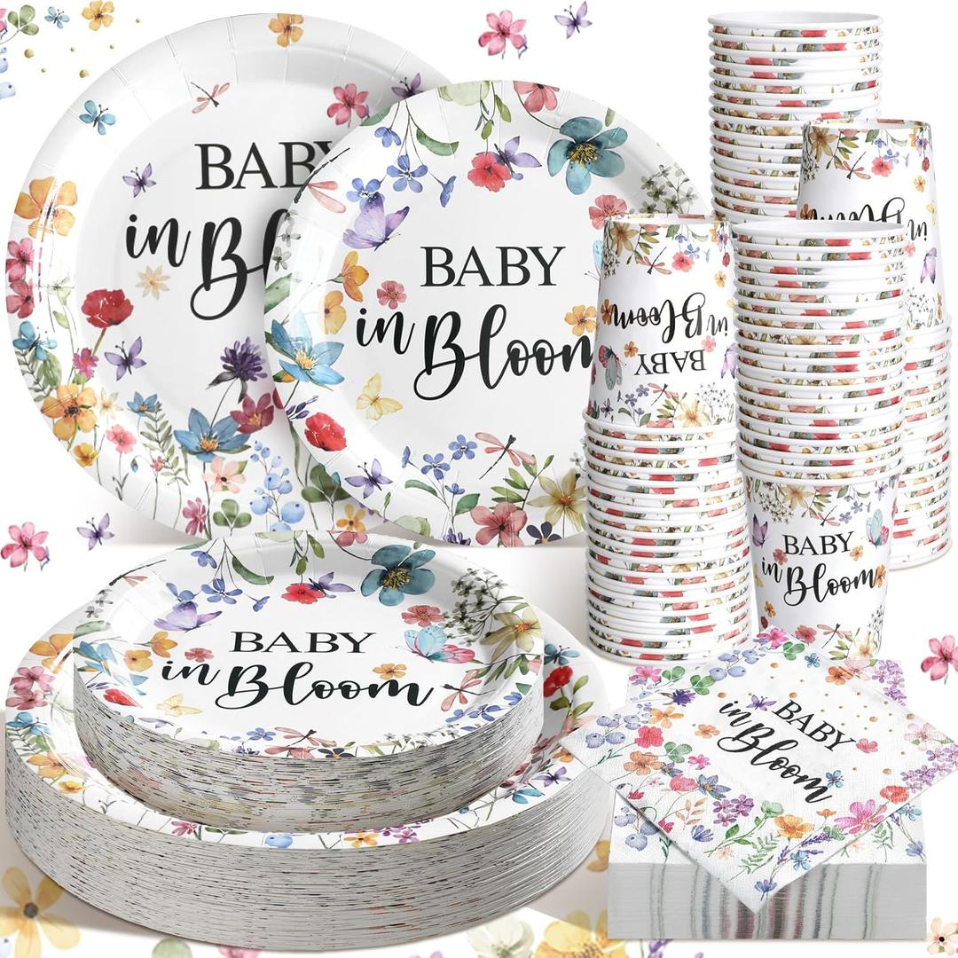 Hsei 250 Pcs Baby in Bloom Baby Shower Decorations Wildflower Plates and Napkins Set Floral Party Tableware Set for 50 Guests Floral Disposable Plates Napkins Cups for Birthday Party Supplies
