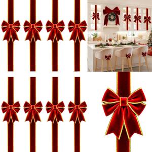 YinNorth 8 Pcs Large Christmas Cabinet Ribbon Bows Red with Glitter Gold Trim Thick Velvet Xmas Bow Door Cabinet Bow for Gift Christmas Tree Home Fireplace Kitchen Furniture Festive Party Decoration