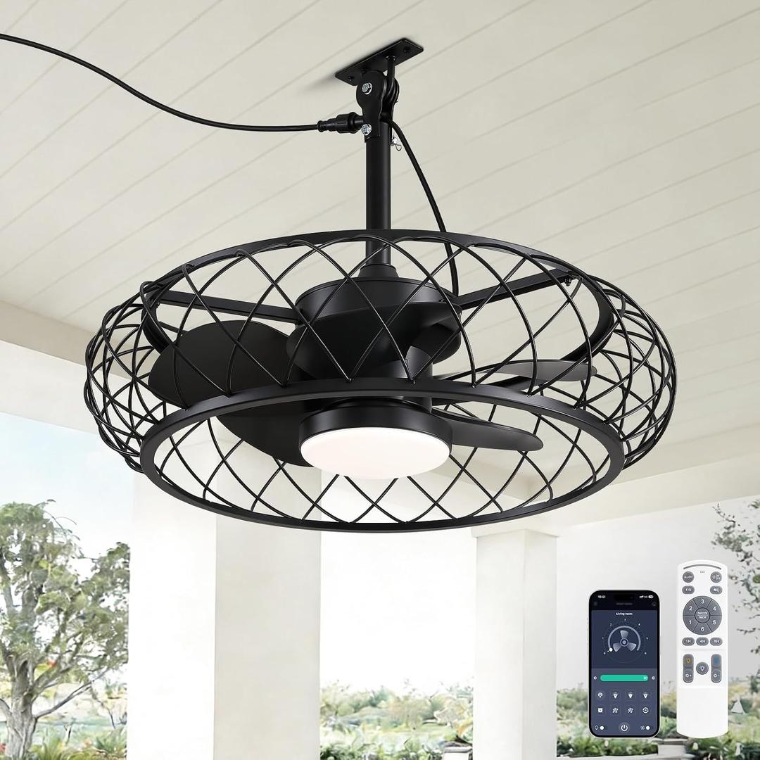 24" Covered Outdoor Caged Ceiling Fan with Light, Plug-in Splash Resistant Gazebo Fan with Remote & APP Control, 3CCT Dimmable Quiet Reversible DC Motor for Covered Patio Pergola Porch Black