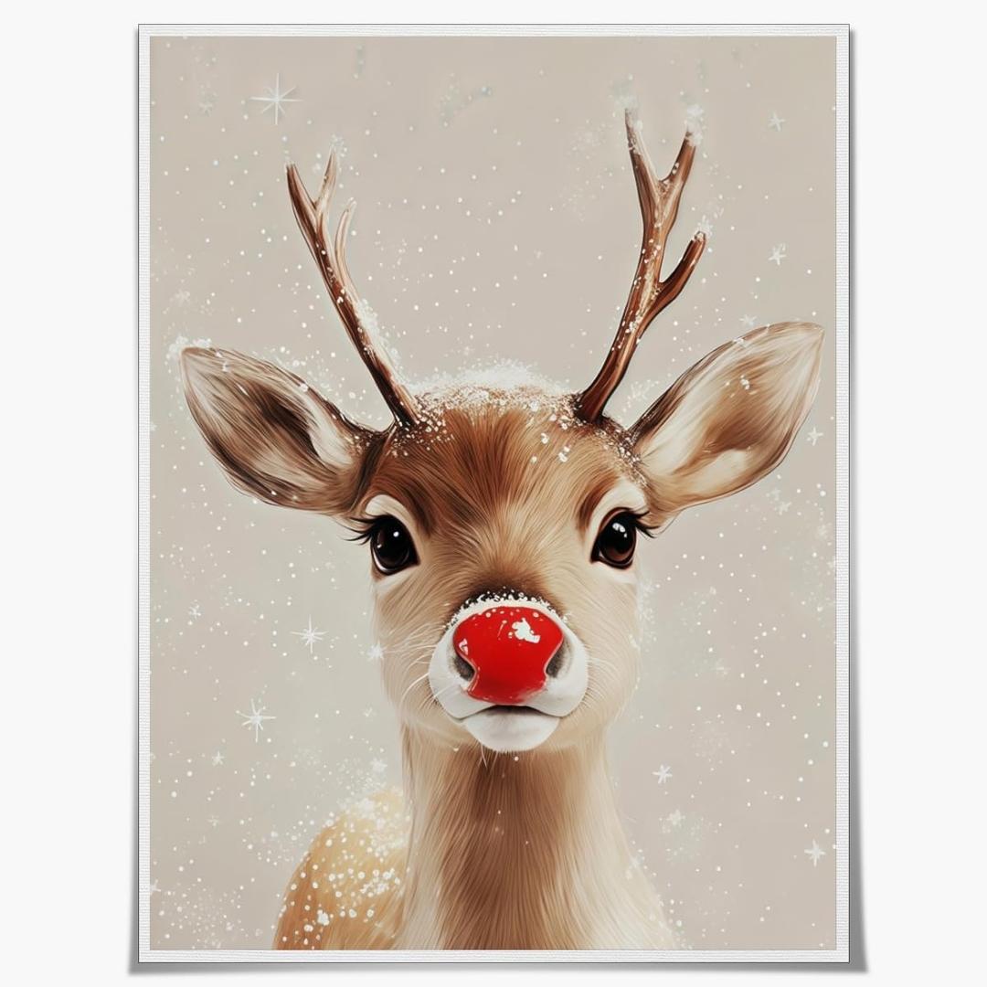 Red Nosed Reindeer Christmas Wall Art Rustic Christmas Farmhouse Mantle Wall Decor Holiday Canvas Art Poster for Living Room Home Decor Aesthetic 12x16inch Unframed