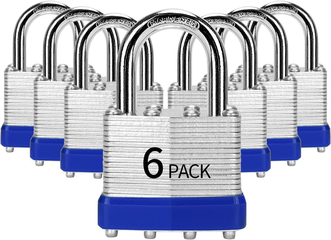 Padlocks Keyed Alike, Pack of 6, Laminated Steel Keyed Lock (1-9/16", 40mm), Padlocks with Same Key, Normal Shackle, for Toolbox, Locker & StorageUnit or More