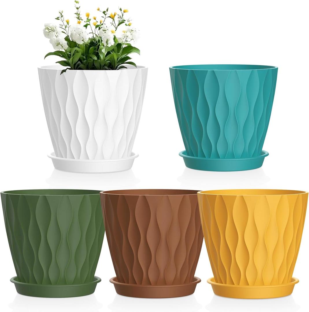 4 inch Small Plastic Nursery Pots, Seedling Pots, 5 Set Water Ripples Plant Pots for Indoor Plants, Flower Pots with Drainage Holes and Saucers, Seed Starter Pots for Succulent, Colorful (Multicolor)