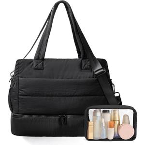 Gym Bag for Women Travel Bag Puffer Duffle Bags Large Carry On Weekender Bags Lightweight Overnight Bag for Women Nurse Bag with Shoes Compartment (Black)