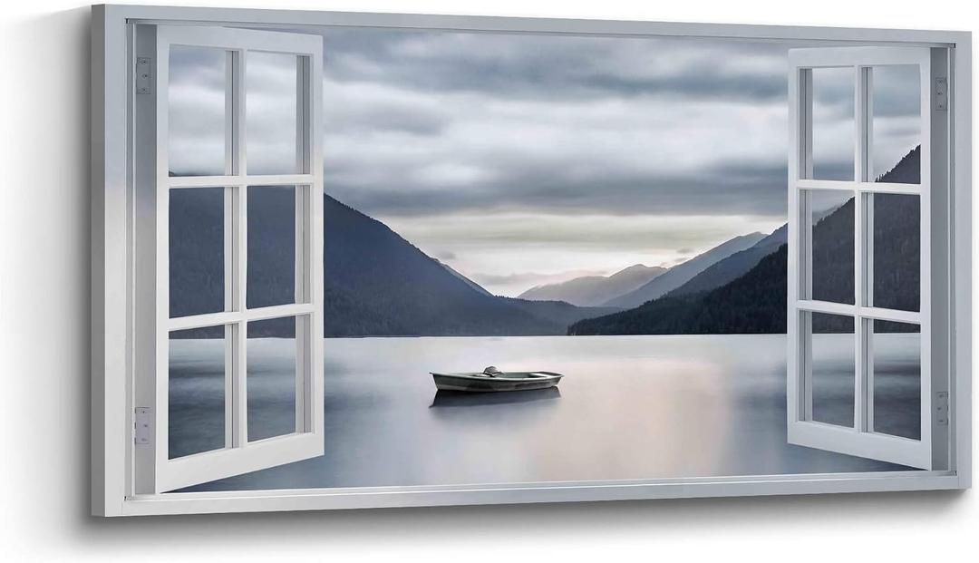 Lake Nature Landscape Wall Art: Large Mountain Scenery Canvas Artwork Window View Boat Print Painting Decor Calming Horizontal Yosemite Picture for Living Room Bedroom Home Office, 48"L x 24"W