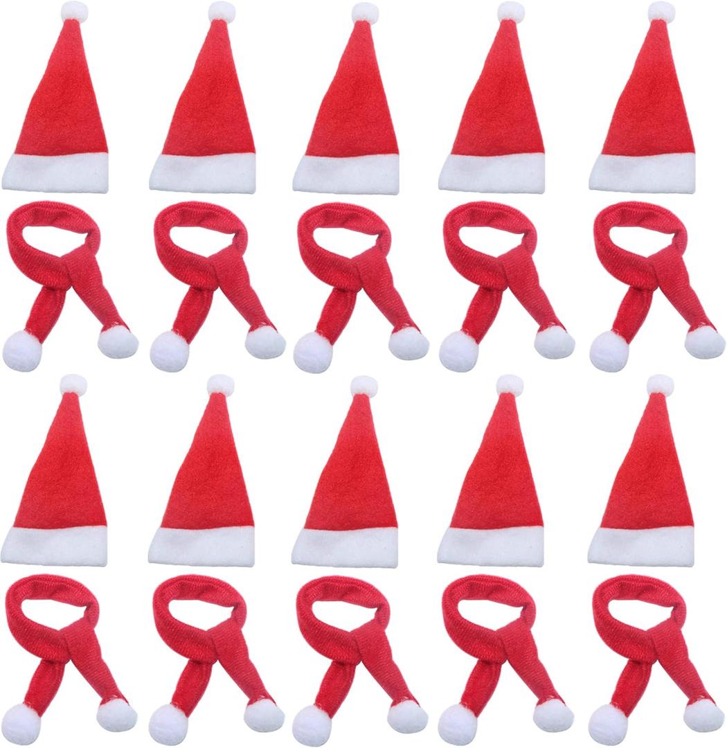 LOOGI Mini Santa Hat and Santa Scarf for Crafts Doll Christmas Decor Wine Bottle Cover 10Pcs