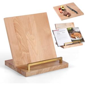 Cookbook Stand with Removable Cutting Board  Adjustable Recipe Book Holder, Charcuterie Board & Kitchen Serving Tray, Kitchen Counte Decor (Gold)