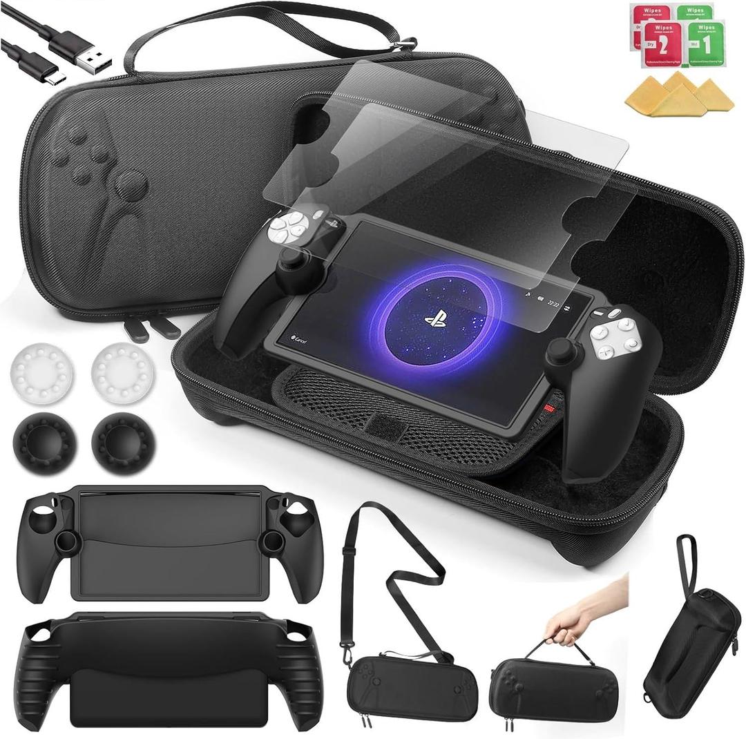14 in 1 Carrying Case for PS5 Portal, Accessoris Set Compatible with Playstation Portal(Crossbody bag), Soft Silicone Protective Cover, 2X 9H Shatterproof Tempered Glass Screen Protector, 4 Silicone Caps, Ps Portal Accessories