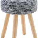 Wimarsbon Pouf Ottoman, 100% Cotton Knitted Boho Footstool, Round Footrest with Non-Skid Wood Legs, Home Décor Handmade Pouffe, Leisure Floor Step Stool for Living Room (Long Leg - Grey)
