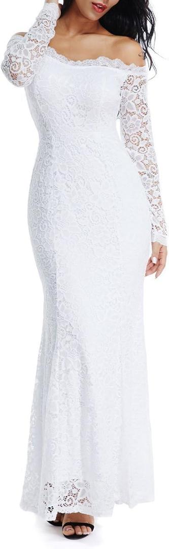 LALAGEN Women's Floral Lace Long Sleeve Off Shoulder Wedding Mermaid Dress (Large, White1)