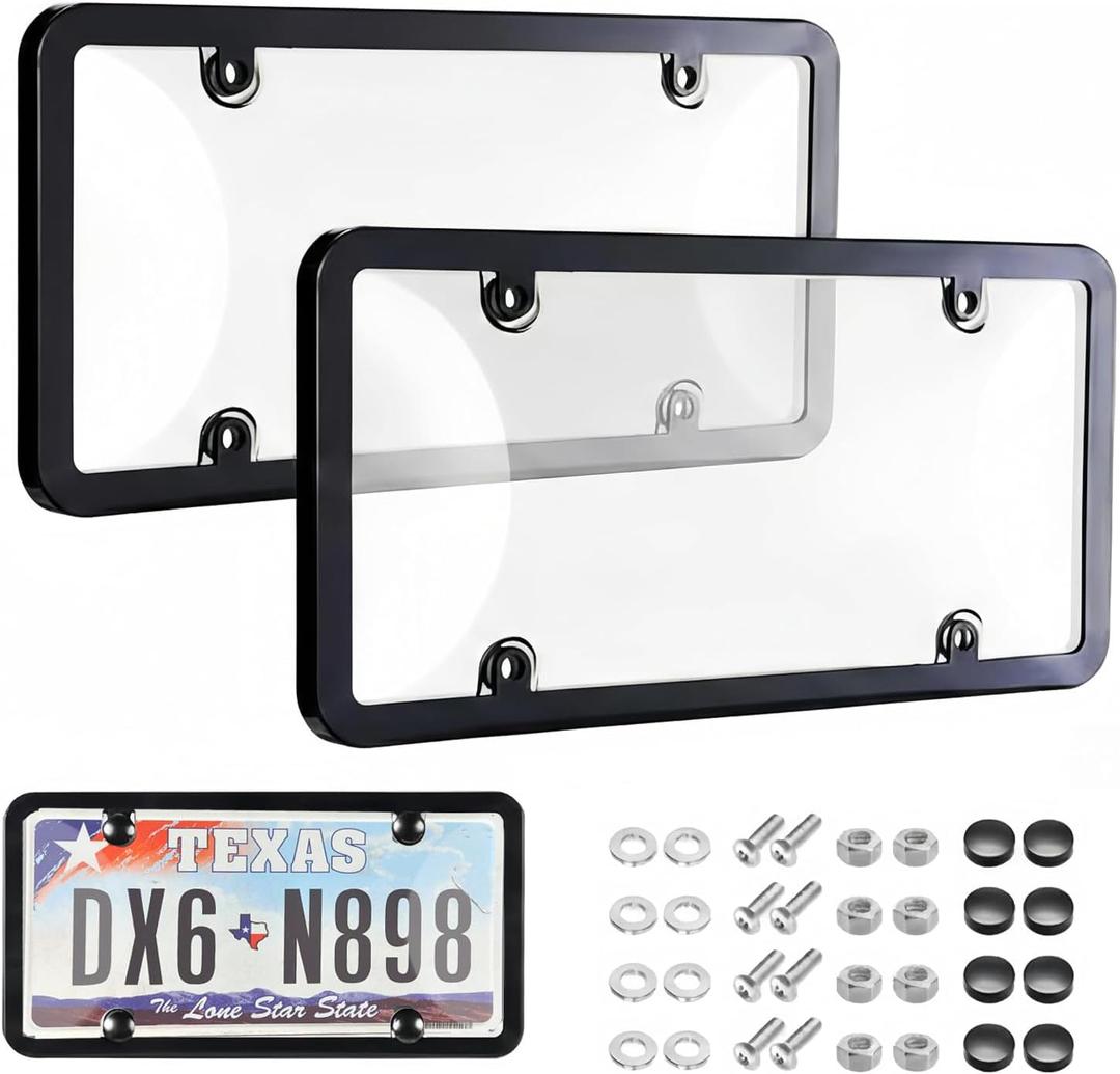 License Plate Protector 2 Pack, ABS Clear Car Plate Cover with Rust-Proof Black Frame, Universal Fit Licence Plate Protectors for All Standard Vehicles with Screw Caps Kit (Grey)