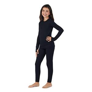 Cuddl Duds Girls Fleece-Lined Thermal Underwear 2-Piece Set - Kids Long Sleeve Top and Leggings Long Johns - UV Protection 50+ Black - Small