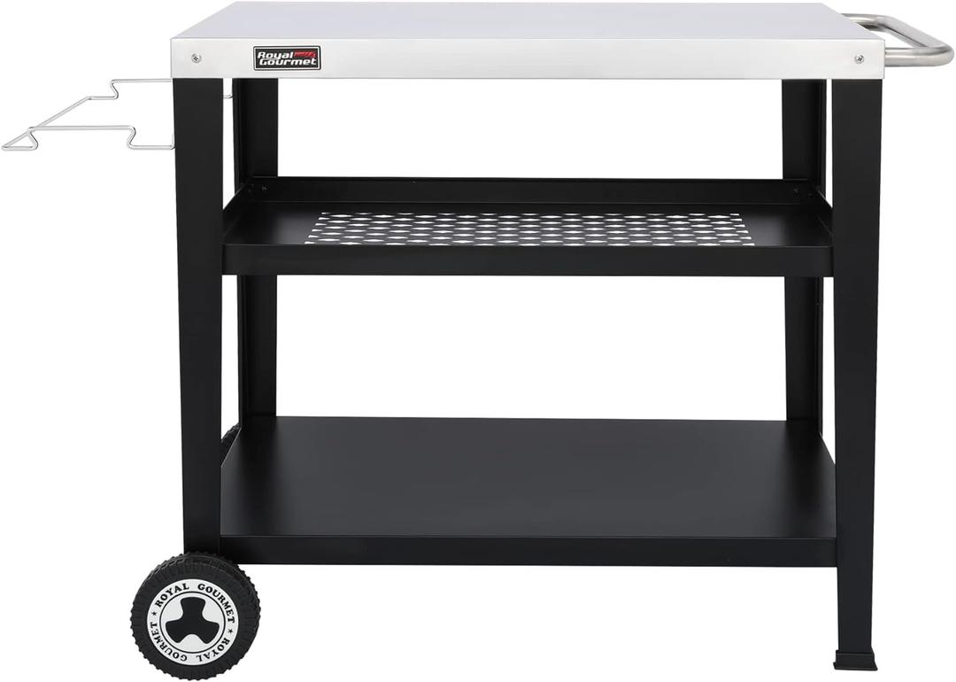 Royal Gourmet PC3404S Rolling Dining Table with Trash Bag Holder, Outdoor Garden Patio BBQ Kitchen Food Prep Table Cart, 34"L x 20"W Stainless Steel Tabletop, Silver and Black
