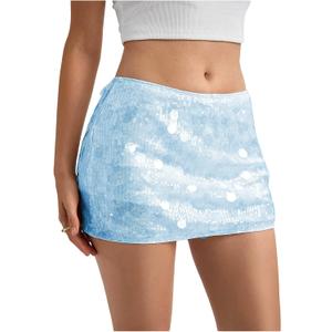 MakeMeChic Women's Sparkly Sequin Mini Skirt Y2k Low Rise Glitter Rave Micro Skirt with Shorts Underneath (Large, Blue)