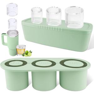 Tcamp Ice Cube Tray for 30 oz Tumbler Cup Ice Mold, 3 Pcs Silicone Hollow Cylinder Ice Tray with Lid and Bin for Freezer, Ice Drink, Juice, Whiskey, Cocktail (Green)