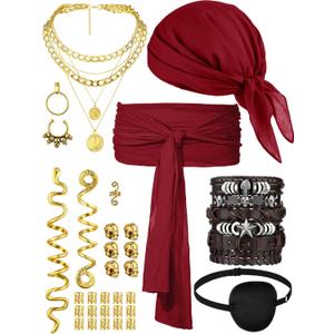 31 Pieces Pirate Costume Accessories Women Pirate Hat Head Scarf Sash Belt Necklace Earrings for Cosplay Party (One Size, Wine Red)