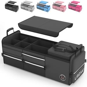 LIBZAKI Oversize 4 in 1 Car Trunk Storage Organizer, Multi Compartment Collapsible Trunk Storage Box with Cooler Bag for Car Truck SUV-Black