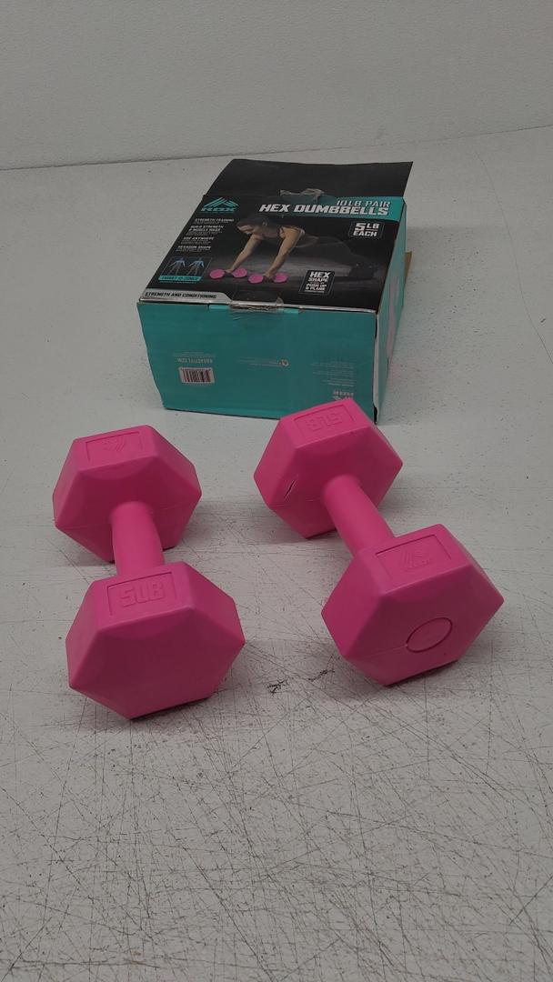 RBX Vinyl Coated Hand Weight Dumbbell Set - Hex Shaped, Roll Free for Body Building/Sculpting/Strength Training Exercise, (Set of 2) (5lb, Pink)