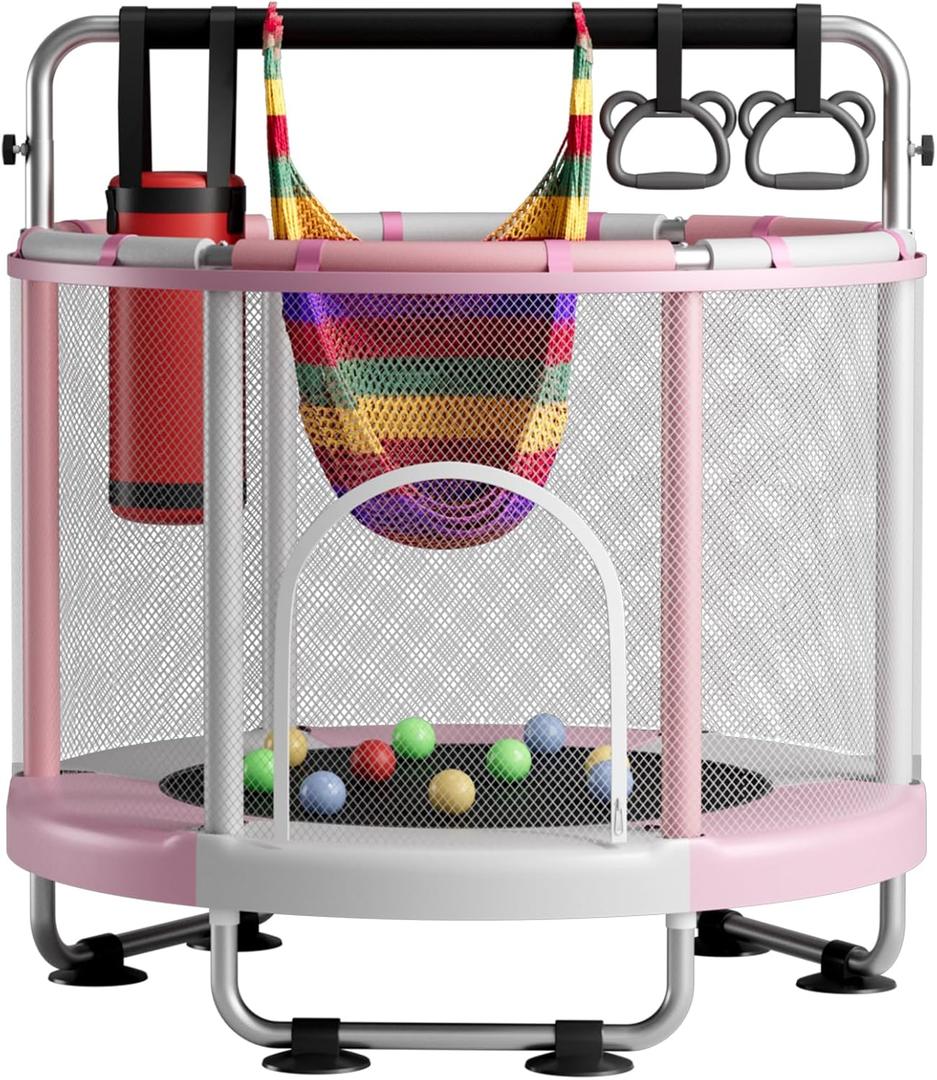 55" Trampoline for Kids with Enclosure, 440lbs Capacity Indoor & Outdoor Toddler Trampoline with Adjustable Gymnastics Bar & Toys, for Boys & Girls (Pink)