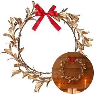 12 Inch Gold Christmas Wreaths with Red Bow for Front Door Plastic Golden Leaves Xmas Artificial Wreath Christmas Decorations for Windows Fireplaces Walls Porch Indoor and Outdoor