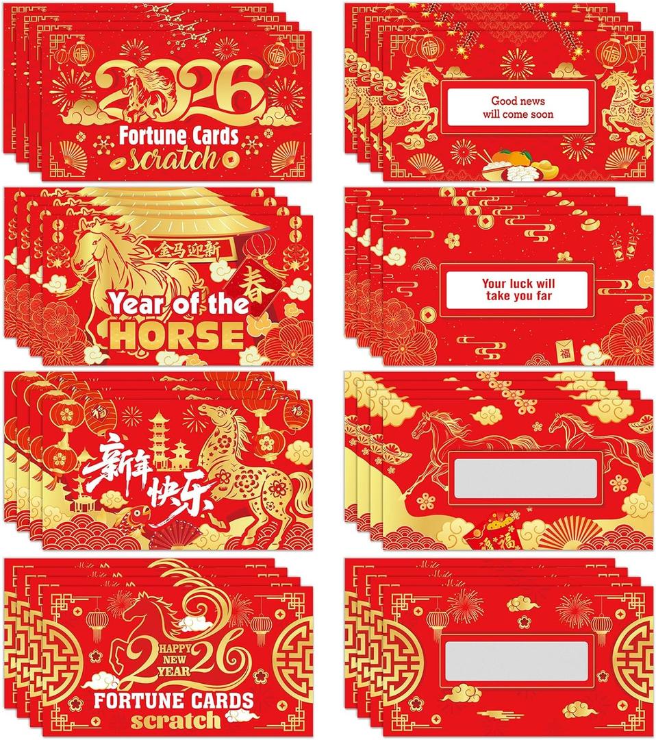4 x HOWAF Chinese New Year Scratch Off Fortune Cards, 2026 Year of The Horse Party Game Scratch Off Fortune Cards, Spring Festival Scratch Off Card for 2026 Lunar New Year Party Favors 24pcs
