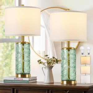 QiMH Glass Table Lamp Set of 2, Modern Gold Bedside Lamp with Stereo Palm Leaves Vein Glass for Living Room, Green Nightstand Lamps for Bedroom Home Office Reading Decor(Bulbs & Shades Included)