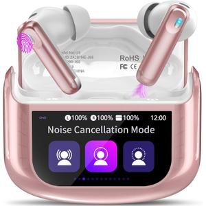 Thunelec Wireless Earbuds, Bluetooth 5.4 Headphones with Touch Screen, 48H Ear Buds with ANC/ENC Noise Cancelling/Transparency Mode, IPX7 Earphones with 5 EQ Modes, Cherry Pink