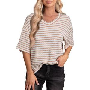 EVALESS Womens Oversized Shirts Summer Tops V Neck Short Sleeve Striped Tee Shirt S