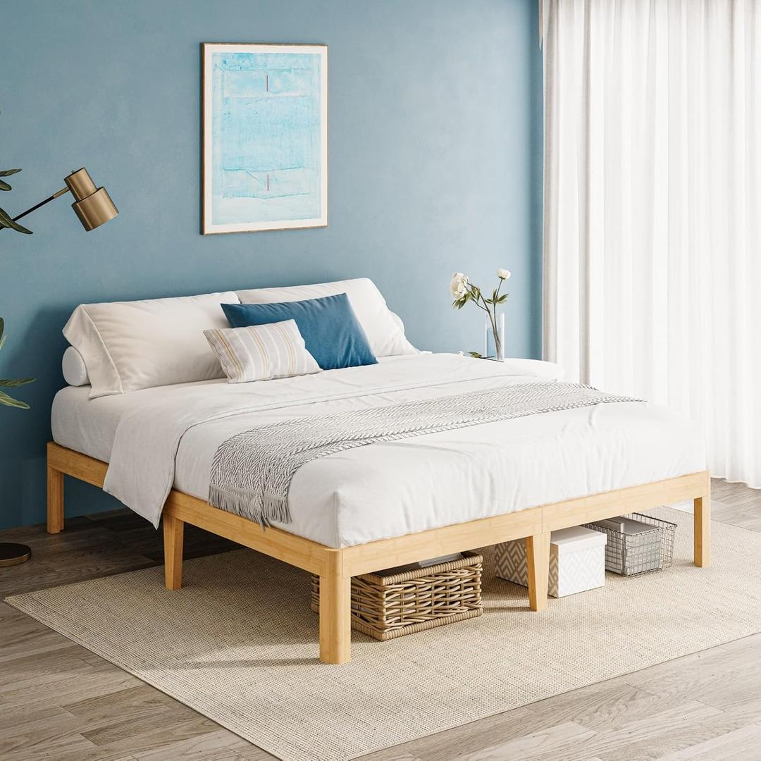 14 Inch High Bamboo Wood King Size Bed Frame, Steel Slats Support King Bed Frame, Sturdy, No Box Spring Needed, Easy Assembly, Noise Free